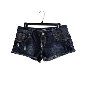 Almost Famous Vintage y2k Dark Wash Whiskered Jean Shorts Size 11 Low Rise